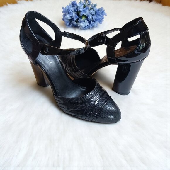 Saks Fifth Avenue Black Patent Leather D’Orsay Heels w/ Ankle Strap, Size 7.5M - Picture 1 of 15